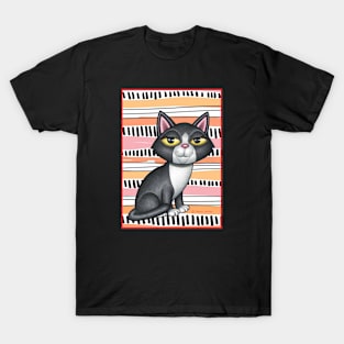 Cute black and white kitty with piano keys in background T-Shirt